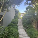 Steintreppe im grünen Garten neben modernem Haus