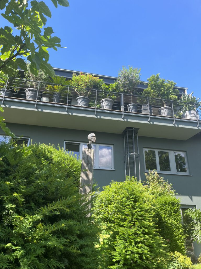 Moderner Balkon mit vielen Pflanzen und blauem Himmel
