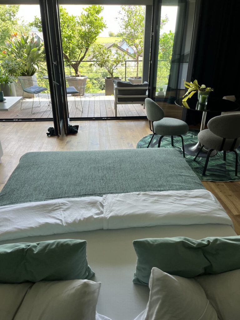 Modernes Schlafzimmer mit Balkon und Gartenblick